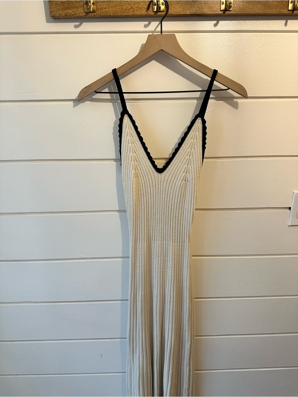 (NWT) Freshman1996 Cream V Neck Crochet Fitted Knit Maxi Dress Black Trim